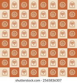 Brown checkered summer tropical seamless pattern with palm tree and sun. Cute hand drawn beach print, fabric, textile, wallpaper, repeat background Vector illustration in boho style. Hippie ornament.