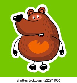 The brown cheerful bear on the light green background, vector illustration