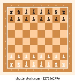 Brown Chessboard With Chess Figurine Algebraic Notation. Chess Game Vector illustration. Chess Figures King, Queen, Bishop, Knight, Rook, Pawn. Chess Board Illustration.