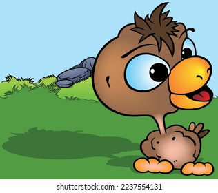 Pollo marrón con una gran cabeza con ojos azules - Ilustración de dibujos animados de color con fondo, vector