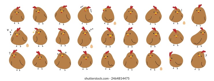 Brown Chicken collection 2 cute on a white background, vector illustration.