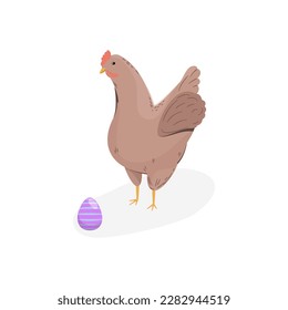 Brown chicken and Easter egg. Hen laying colorful eggs. Funny and happy cage free chicken. Vector illustration.