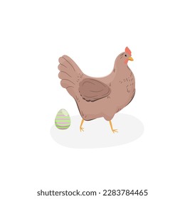 Brown chicken and Easter egg. Hen laying colorful eggs. Funny and happy cage free chicken. Vector illustration.