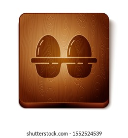 Brown Chicken egg in box icon isolated on white background. Wooden square button. Vector Illustration