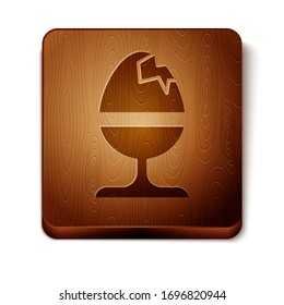 Brown Chicken egg on a stand icon isolated on white background. Happy Easter. Wooden square button. Vector Illustration