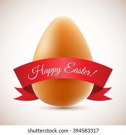Brown chicken egg with red ribbon greeting. Gift for Easter. Vector element for your design project.