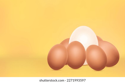 A brown chicken egg surrounds a white duck egg. Leadership, business success, unique, challenge, motivation, individuality, unique, difference and standing out of crowd concept.