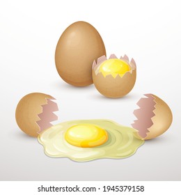 brown chicken eggs composition isolated on white. fresh whole and broken egg with raw yolk and protein. cracked eggshell with yolk for breakfast. vector realistic illustration. clipart for design