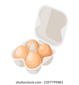 Brown chicken eggs in an open cardboard box. Four eggs in a box. A container or tray for storing eggs. Farmer's market, fresh organic products. Flat vector illustration 