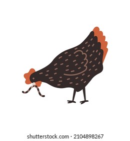 Un pollo marrón sostiene un gusano. Granja de pollo. Caricatura. Ilustración vectorial acogedora.