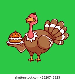 brown chicken turkey holding a pie Vector Illustration Icon. Flat Cartoon Style