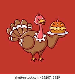 a brown chicken turkey holding a pie Vector Illustration Icon. Flat Cartoon Style