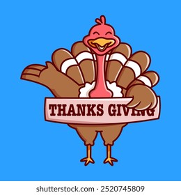 a brown chicken turkey holding thanksgiving sign Vector Illustration Icon. Flat Cartoon Style