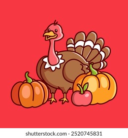 brown chicken turkey is standing between pumpkins Vector Illustration Icon. Flat Cartoon Style