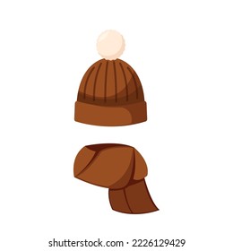 Brown Child Hat with Bubo and Scarf, Kids Headwear For Cold Weather. Autumn or Winter Season Knit Textile Cap Accessory For Girls Or Boys Isolated On White Background. Cartoon Vector Illustration