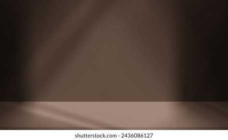 Brown Chocolate Background with Light,Shadow on Wall Cement,Empty Studio Room with Tabletop Display for product presentation,Concrete Room background with shadow window effect,Vector 3d Backdrop