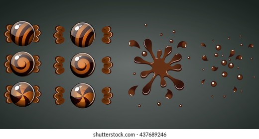 Brown chocolate candy with splash animation set