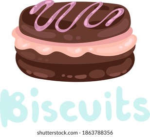 Brown chocolate cream biscuits on white. Pastries symbol in flat design. Cookies or biscuits icon. Funny food, doodle cute kawaii sweets. Biscuit concept for logo, card, typography, poster, print