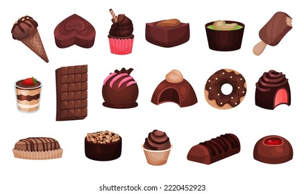 Brown Chocolate Desserts with Sweets, Cupcake, Ice Cream and Donut Vector Big Set