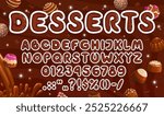 Brown chocolate font or candy type for choco typeface, vector tasty English alphabet. Cartoon chocolate dessert font for candy and confectionery type of choco syrup or toffee fudge letters typeface