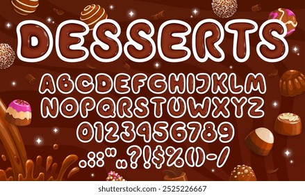 Tipo de fuente de chocolate marrón o tipo de caramelo para la tipografía de choco, Vector sabroso alfabeto inglés. Fuente del postre del chocolate de la historieta para el tipo del caramelo y de la confitería del jarabe del chocolate o de las letras del caramelo del caramelo