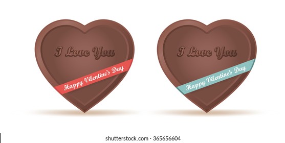 Brown Chocolate Heart with convex text I love You, Red and Blue ribbon, text Happy Valentineâ??s Day and shadow isolated on white background
