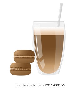 Brown or chocolate macarons with a glass of cappuccino.Highly detailed dessert, macaroon, sweets, menu design, restaurants shop. Gradient macarons. Vector illustration.
