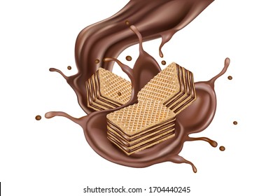 Brown Chocolate splashing with wafer isolated on white background. Vector realistic in 3d illustration. Food concept.