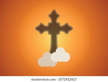 Brown Christian cross with clouds on a sunset background