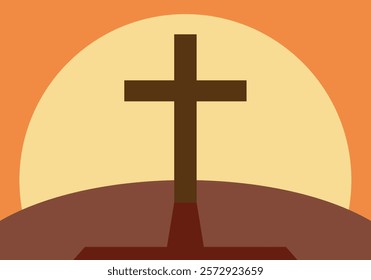 Brown Christian cross on a mountain at sunset
