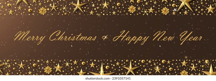 Brown christmas background with gold stars and balls.	
