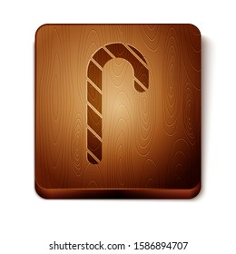 Brown Christmas candy cane with stripes icon isolated on white background. Merry Christmas and Happy New Year. Wooden square button. Vector Illustration
