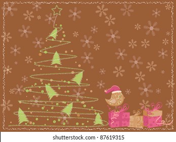 brown christmas card with a chalk scribbled pine tree, a bird and gift boxes