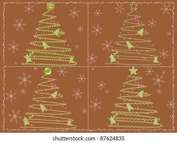 brown christmas card with four stylized pine trees - button, pearl, chalk scribbled and star tree