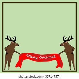Brown christmas deers hold cloth with merry christmas written on it