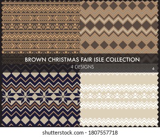 Brown Christmas fair isle pattern collection includes 4 design swatches for fashion textiles, knitwear and graphics