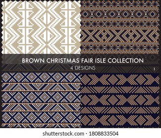 Brown Christmas fair isle pattern collection includes 4 design swatches for fashion textiles, knitwear and graphics