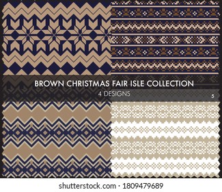 Brown Christmas fair isle pattern collection includes 4 design swatches for fashion textiles, knitwear and graphics