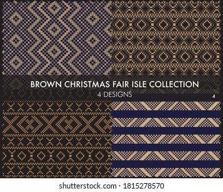 Brown Christmas fair isle pattern collection includes 4 design swatches for fashion textiles, knitwear and graphics
