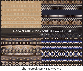 La colección de patrones de la isla de la feria de Navidad marrón incluye 4 swatings de diseño para textiles de moda, ropa de cama y gráficos