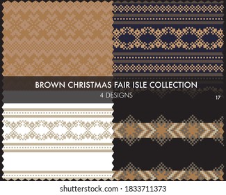 Brown Christmas fair isle pattern collection includes 4 design swatches for fashion textiles, knitwear and graphics