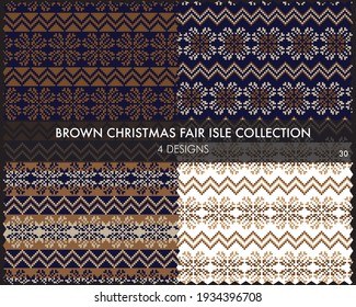 Brown Christmas fair isle pattern collection includes 4 design swatches for fashion textiles, knitwear and graphics