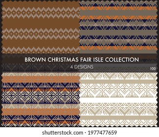 Brown Christmas fair isle pattern collection includes 4 design swatches for fashion textiles, knitwear and graphics