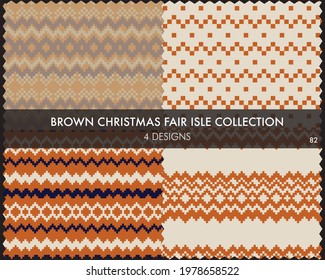 Brown Christmas fair isle pattern collection includes 4 design swatches for fashion textiles, knitwear and graphics