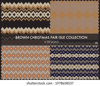 Brown Christmas fair isle pattern collection includes 4 design swatches for fashion textiles, knitwear and graphics