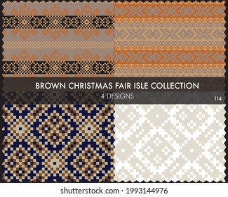 Brown Christmas fair isle pattern collection includes 4 design swatches for fashion textiles, knitwear and graphics