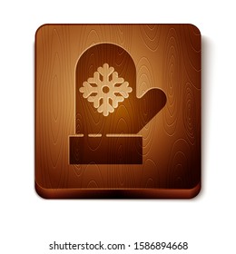 Brown Christmas mitten icon isolated on white background. Wooden square button. Vector Illustration