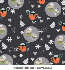 Brown Christmas pattern background with cookies, cappuccino and muffins