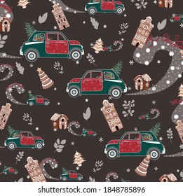 Fondo marrón de Navidad con patrones de casas de jengibre y autos de vacaciones
