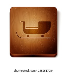 Brown Christmas santa claus sleigh icon isolated on white background. Merry Christmas and Happy New Year. Wooden square button. Vector Illustration